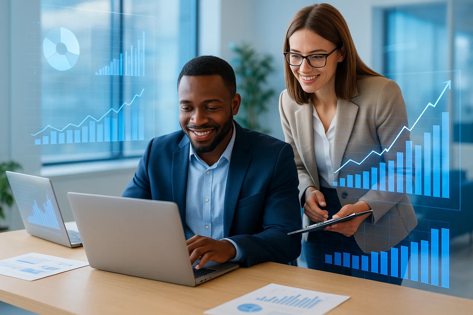 SEO analysts reviewing accounting website traffic growth and discussing performance data.